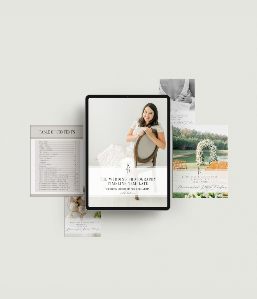 a mockup created my Marissa Chrzan Studios of The Wedding Photography Timeline Template by wedding photography educator Katiera